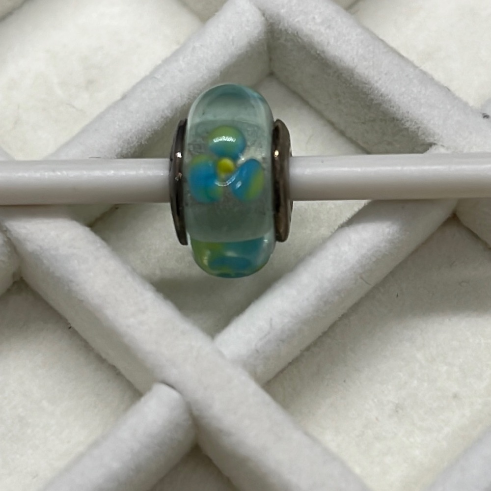 Pandora Retired Murano Glass Bead Blue/Green Flowers